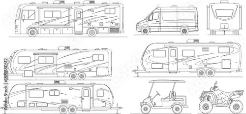 A detailed blueprint illustration of various recreational vehicles, meticulously showcasing diverse designs.