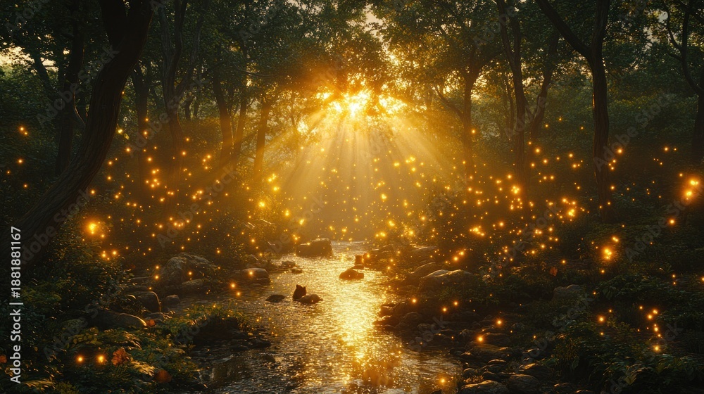 Fototapeta premium Golden light streams through mystical forest, fireflies