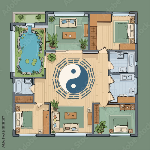 vector of Feng Shui illustration, harmonious home layout with yin yang balance
