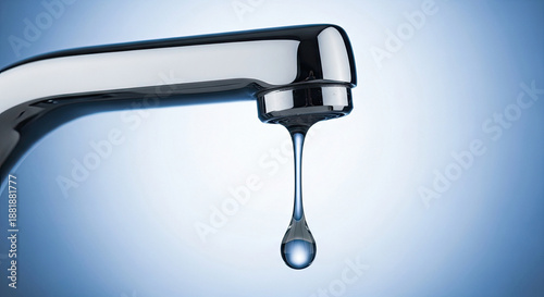 Closeup of a dripping water faucet with a single water droplet falling transparent background