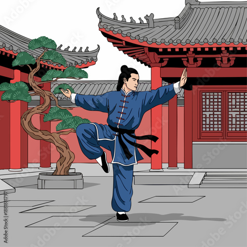 premium vector illustration of Chinese martial arts illustration, kung fu master performing wushu pose