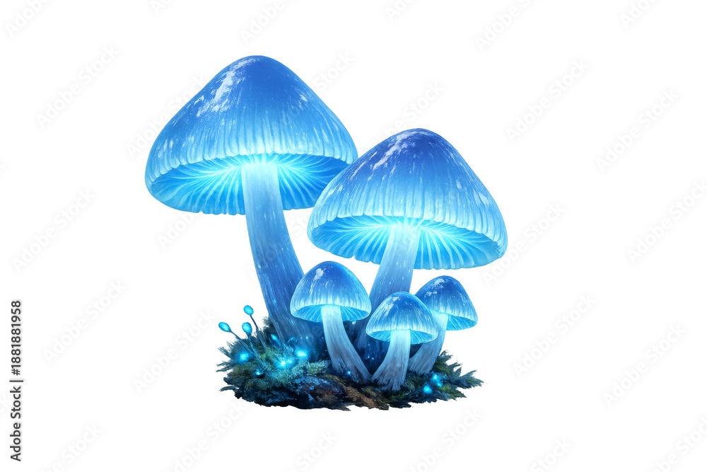 Fototapeta premium Bioluminescent fantasy mushrooms growing on moss with glowing spores