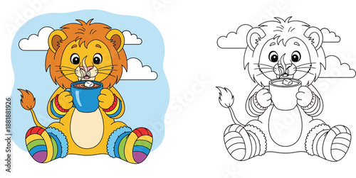Cute cartoon lion drinking hot cocoa with marshmallow wearing rainbow socks vector illustration for cozy winter design