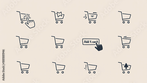 Collection of shopping cart icons representing online shopping actions like adding to cart and checkout minimalist vector design for e-commerce websites and apps