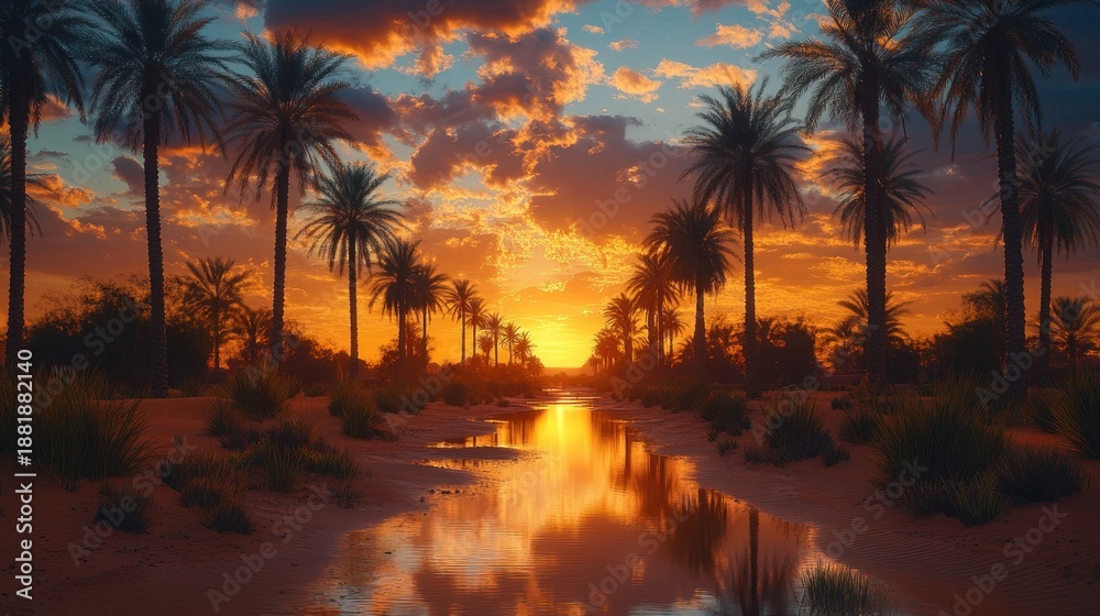 Obraz premium Golden sunset over a desert oasis