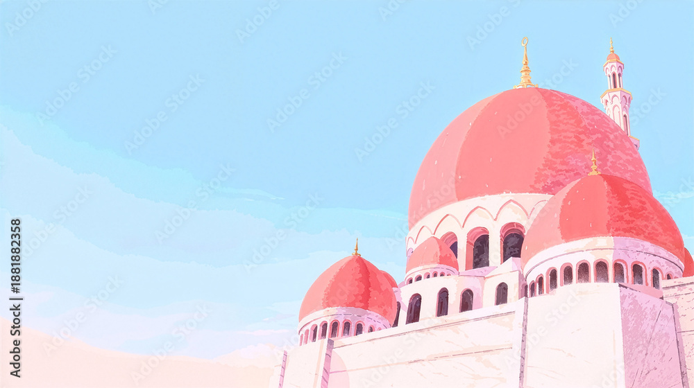 Fototapeta premium Ramadan Kareem background with mosque domes, tall minarets, crescent moon and soft pastel sky, copy space.