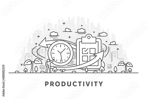 Minimal line illustration of productivity concept with organized workflow and upward efficiency, symbolizing focus, performance, time management and business growth. Editable stroke.