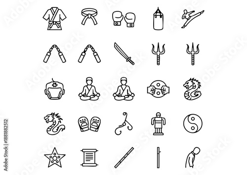 Dojo Mastery: 25 Professional Martial Arts Vector Icons, Combat Arts Collection: Minimalist Zen and Fighting Style Glyphs, The Warrior’s Path: Thick Line Martial Arts Training Icons