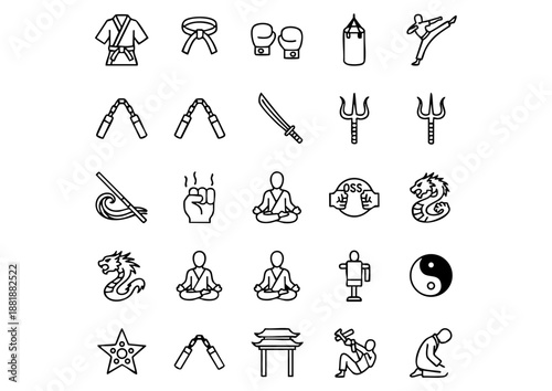 Dojo Mastery: 25 Professional Martial Arts Vector Icons, Combat Arts Collection: Minimalist Zen and Fighting Style Glyphs, The Warrior’s Path: Thick Line Martial Arts Training Icons