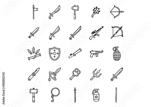 Epic Armory: 25 Minimalist Weapon Vector Icons, Combat Essentials: Thick Line Fantasy & Modern Weaponry Set, Master Bladesmith Icon Collection: RPG Weapon Assets