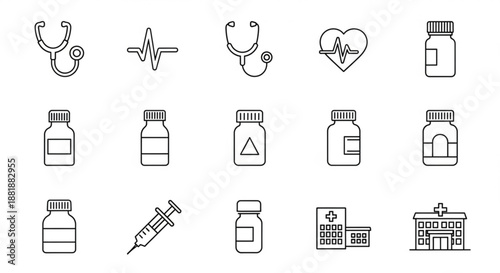 Medical line icons collection stethoscope heartbeat medication bottles syringe and hospital building illustrations for healthcare and pharmaceutical designs