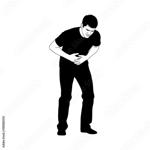 silhouette of a man with a stomachache against a white background
