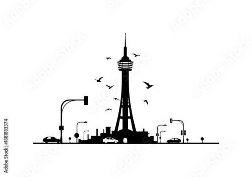 Cityscape with Tower and Birds