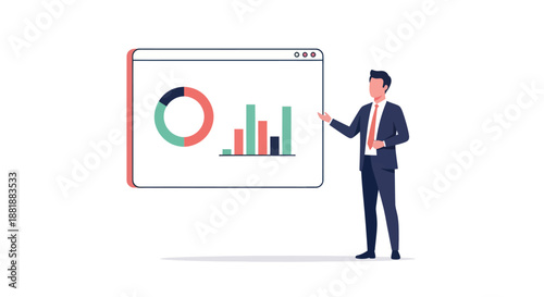 Businessman presenting data analysis on a screen.