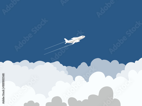Modern jet aircraft in an upward flight, soaring above white clouds against a blue sky, with vapor trails, symbolizing swift air travel and distant journeys