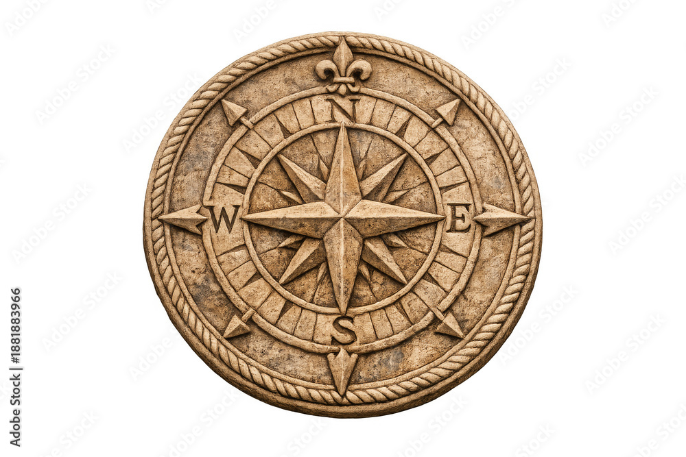 Naklejka premium Vintage carved stone compass rose indicating direction