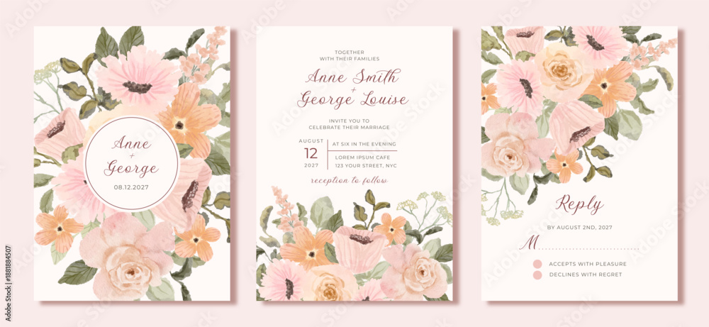 Fototapeta premium wedding invitation set with soft pink peach floral watercolor background