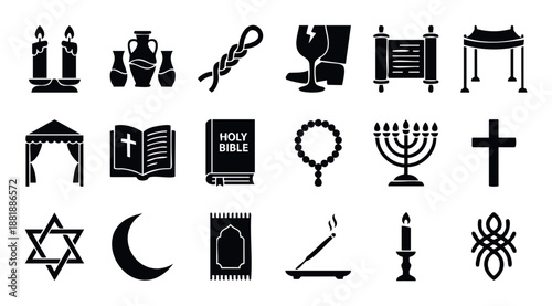 Collection of diverse spiritual and religious symbols, cultural objects, and ceremonial items, perfect for representing faith, traditions, and worship practices in educational or thematic