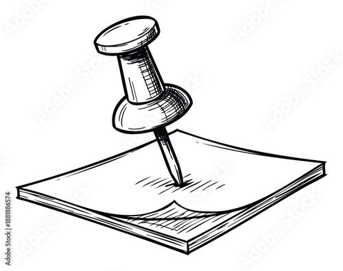 Hand drawn black and white sketch of a pushpin fastening a stack of blank paper notes, ideal for stationery imagery or educational projects