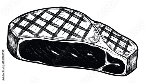 A delicious hand drawn grilled steak with distinctive char marks presented in a classic vintage style perfect for restaurant menus and culinary advertising materials