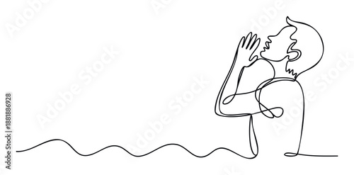 Continuous line drawing of a person calling out or praying upwards, ideal for spiritual communication or emotional expression themed projects
