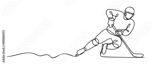 Dynamic abstract continuous line drawing depicting an ice hockey player in full motion, perfect for modern sports branding, athletic event promotions, or minimalist graphic designs.