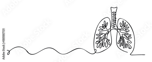Human lungs continuous line drawing with trachea connected by a flowing wavy line symbolizing respiratory health and vital breath for medical and wellness applications.