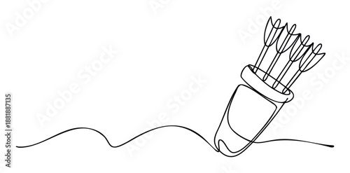 Dynamic single line drawing illustrating a quiver holding multiple arrows, ideal for sports related graphics, target practice themes, or creative logo identity