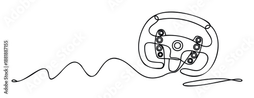 Continuous line drawing of a minimalist racing steering wheel connected by a wavy abstract cord, ideal for technology, gaming, or automotive industry web graphics and print media.