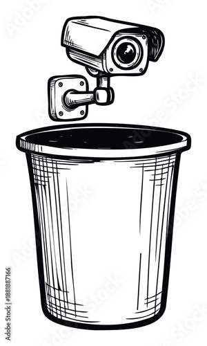 Overhead security camera observing an empty waste bin, suitable for illustrating surveillance, public monitoring, or disposal policies in commercial and institutional settings.