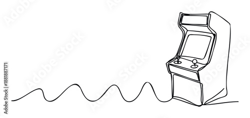 Line drawing of a classic arcade video game machine with a screen, joystick, and buttons connected by a dynamic wavy black line, perfect for gaming industry promotions or nostalgic