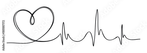 Stylized heart shape and electrocardiogram pulse line created with a continuous monoline drawing style, suitable for healthcare branding, romantic designs, and wellness promotions