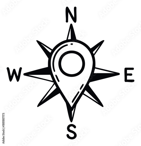 Hand drawn style compass rose with cardinal directions N S E W and a central location map pin symbol for travel adventure exploration and geographical navigation applications