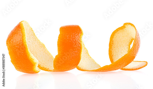 Fresh citrus twist of orange fruit isolated on a white background. Spiral orange zest. Juicy fresh orange skin.