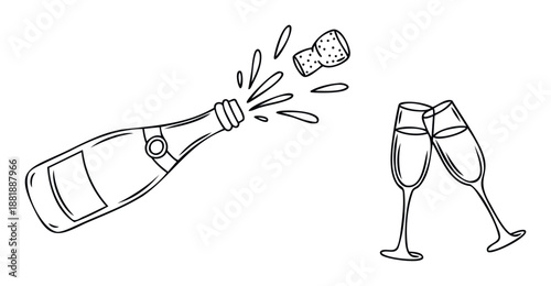 Vibrant champagne bottle popping its cork with exciting splashes and two elegant flutes clinking together for a festive toast, perfect for invitations, holiday greetings, and celebration