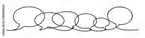 Continuous line drawing of multiple speech bubbles representing communication and dialogue for interactive graphic elements or social media concepts