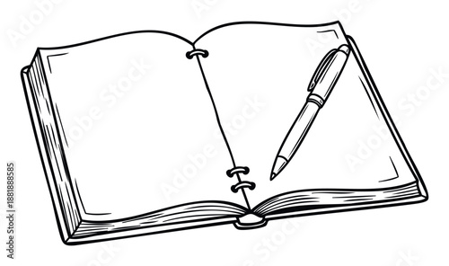 Open blank notebook with a pen ready for writing, perfect for educational content, study resources, creative writing projects, and business planning materials.