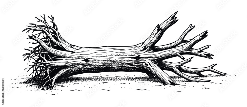 Fototapeta premium Detailed woodcut style drawing of a gnarled dead tree log with exposed roots and broken branches, suitable for naturethemed graphic projects and rustic design elements