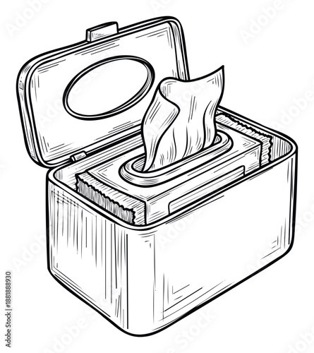 Portable plastic wipes dispenser box with an open lid and a single moist tissue pulled out, ready for personal hygiene and daily cleaning use in homes or offices.