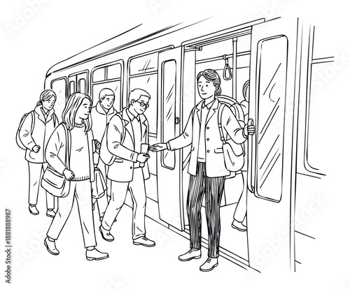 Urban commuters board and exit a public transportation train or subway at a station platform, showcasing efficient city travel and daily passenger movement.