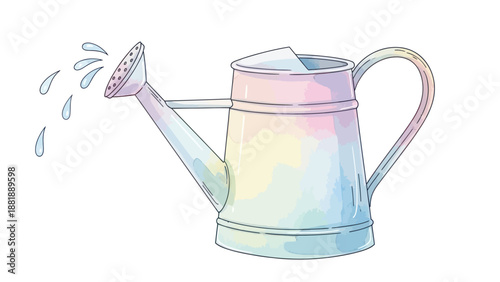 Pastel watercolor style metal watering can pouring water