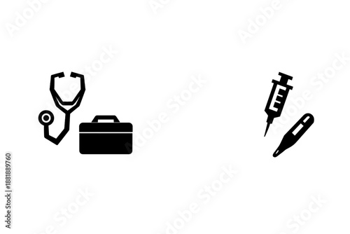 Healthcare symbols showing a stethoscope medical bag syringe and