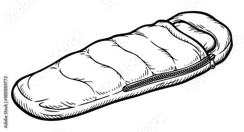 Monochromatic drawing of an essential outdoor sleeping bag for camping and adventure travel, perfect for promoting wilderness exploration and recreational activities.