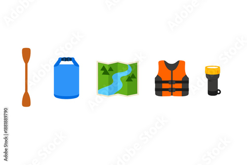 Items for a river trip including a paddle a dry bag a map a life