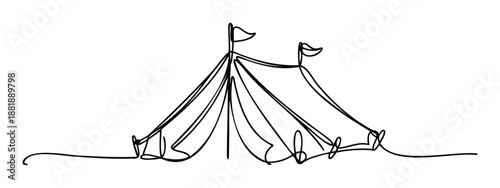 A single continuous line drawing capturing the iconic shape of a circus tent or big top, perfect for entertainment event posters, amusement park advertisements, or childrens book
