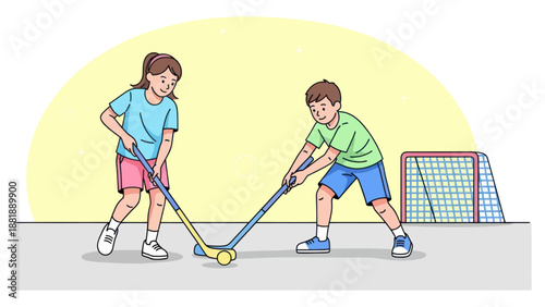 Children playing street hockey with sticks near goal