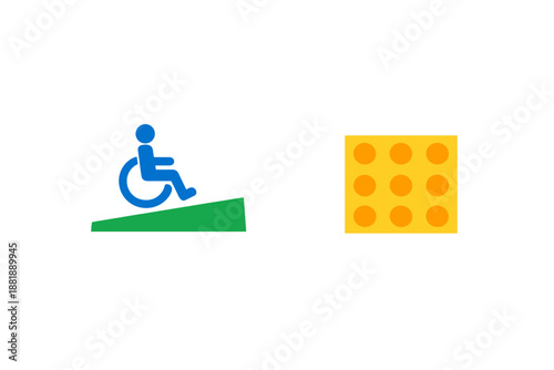 Sign showing wheelchair accessibility with ramp and tactile paving for