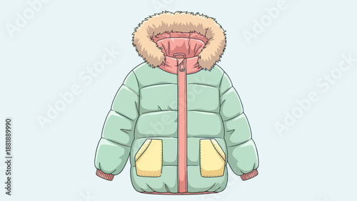 Colorful children's winter puffy jacket with fur hood and front pockets