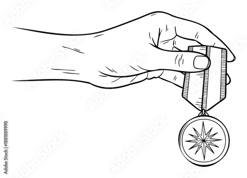 A human hand firmly grasping a medal featuring a prominent star symbol, signifying outstanding achievement, victory, and honor, ideal for awards ceremonies and recognition events.