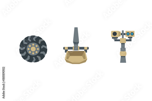 Different types of construction equipment parts shown on a plain